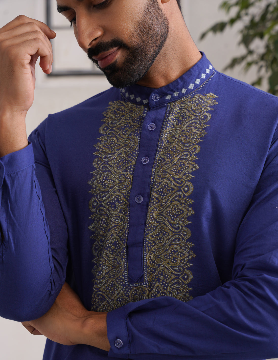 Kashmiri Sozni Embroidered Linen Cotton Short Kurta – Blue | Handcrafted Heritage - Kashmir Box
