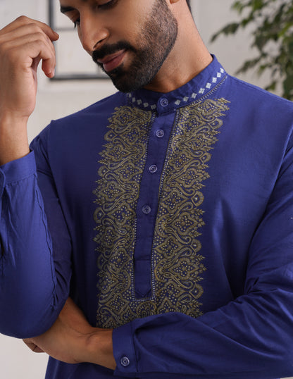 Kashmiri Sozni Embroidered Linen Cotton Short Kurta – Blue | Handcrafted Heritage - Kashmir Box