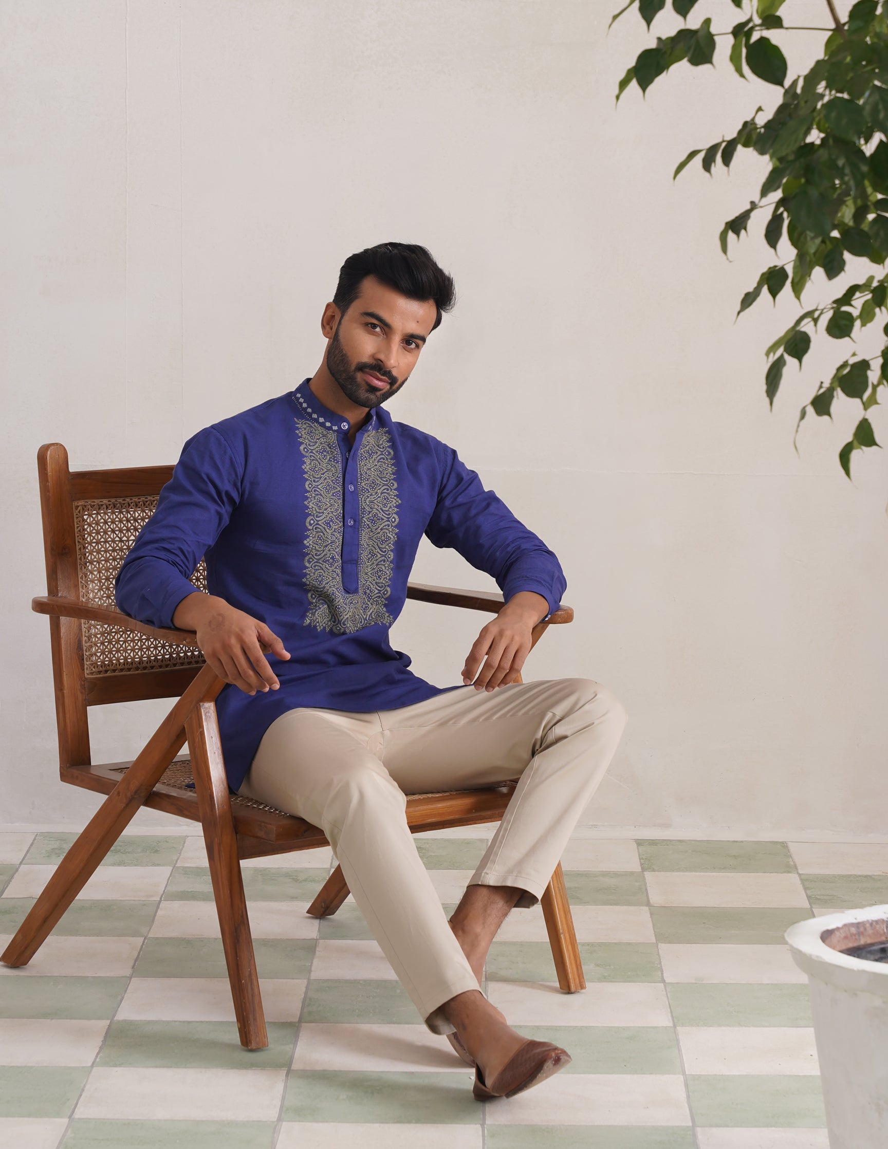 Kashmiri Sozni Embroidered Linen Cotton Short Kurta – Blue | Handcrafted Heritage - Kashmir Box