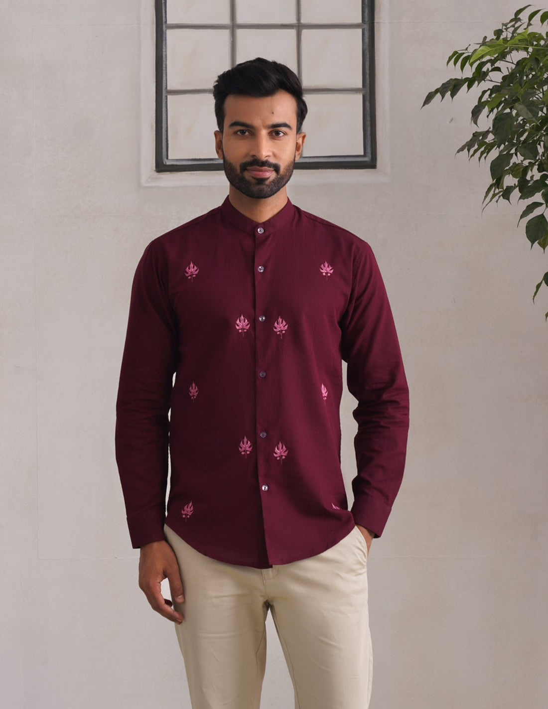 Kashmiri Sozni Chinar Embroidered Linen Cotton Shirt – Maroon | Handcrafted Heritage - Kashmir Box