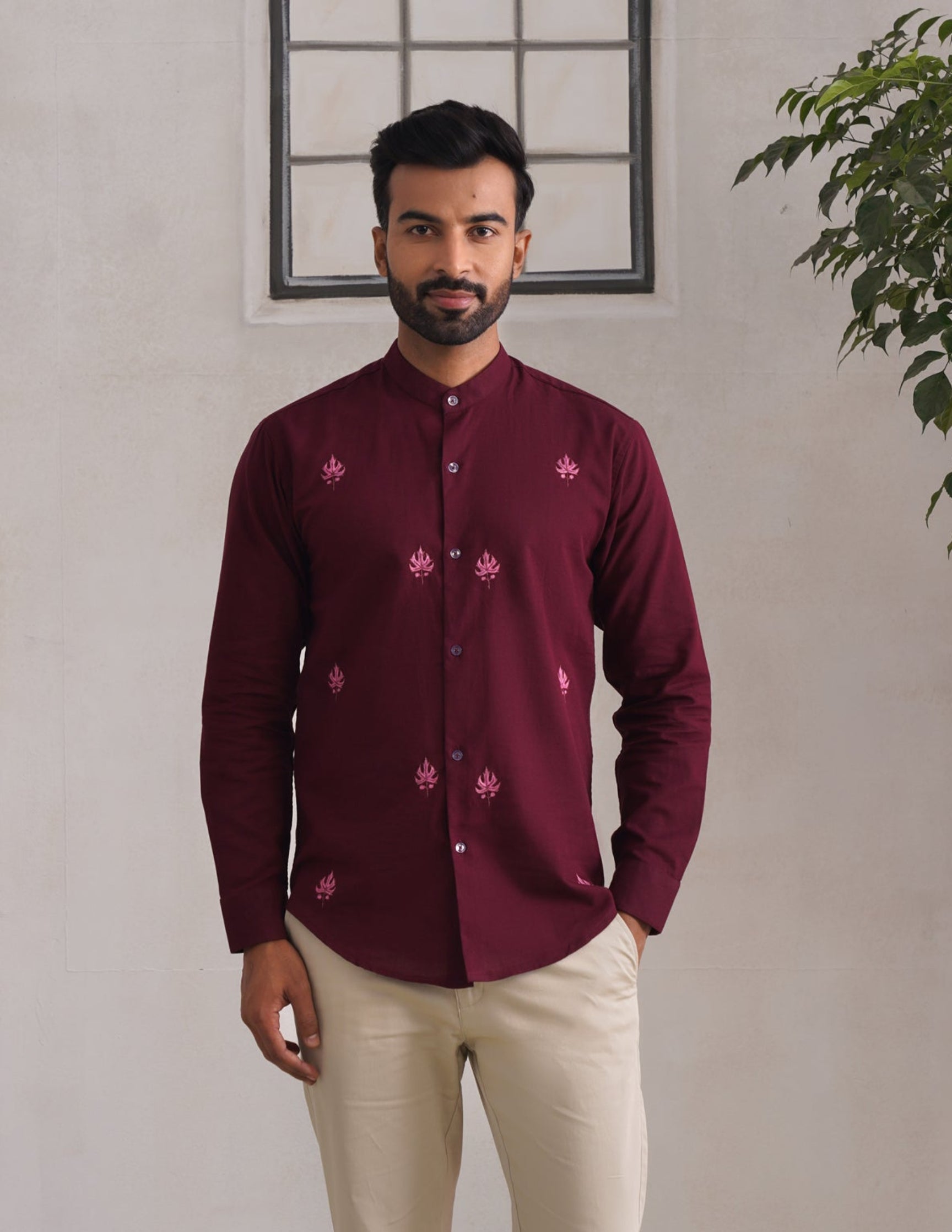 Kashmiri Sozni Chinar Embroidered Linen Cotton Shirt – Maroon | Handcrafted Heritage - Kashmir Box