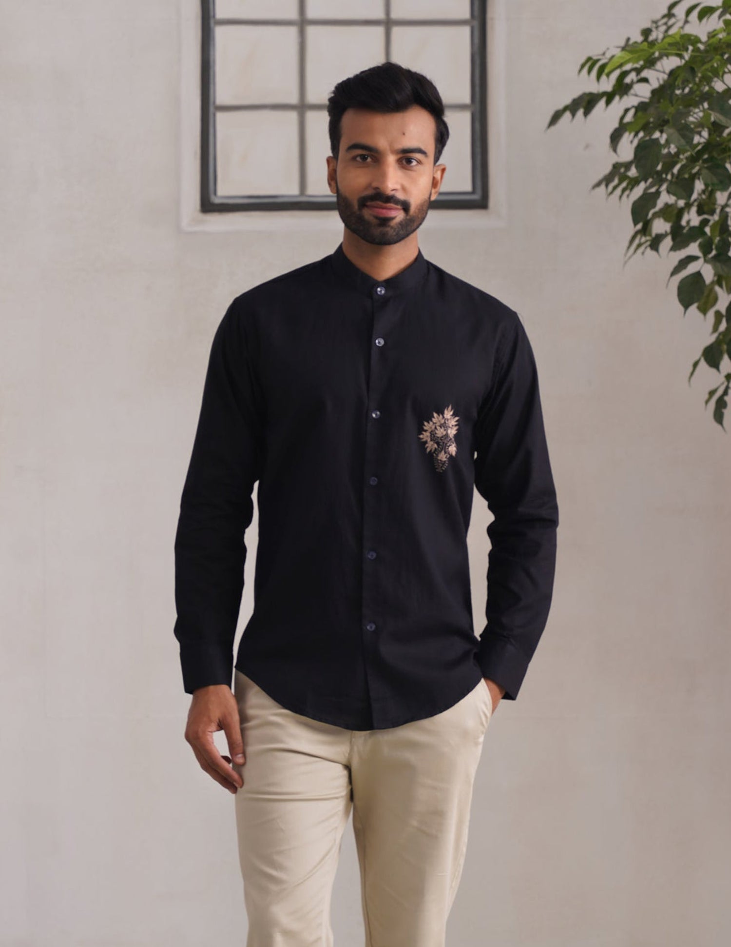 Kashmiri Sozni Chinar Linen Cotton Shirt – Black | Handcrafted Heritage - Kashmir Box