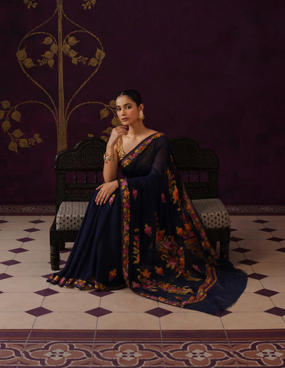 Kashmiri Aari Embroidered Georgette Saree – Navy Blue