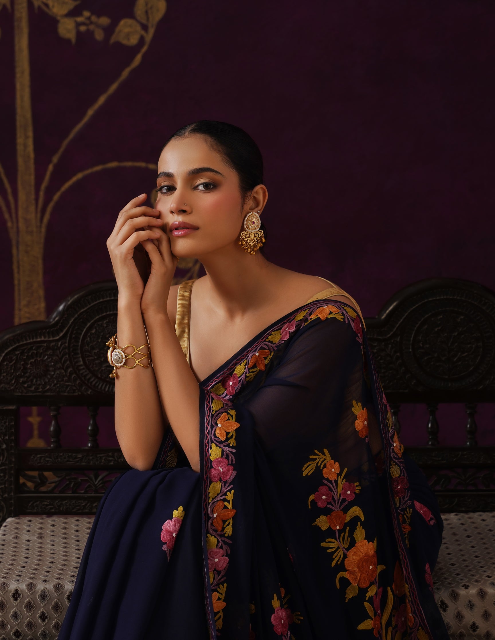 Kashmiri Aari Embroidered Georgette Saree – Navy Blue