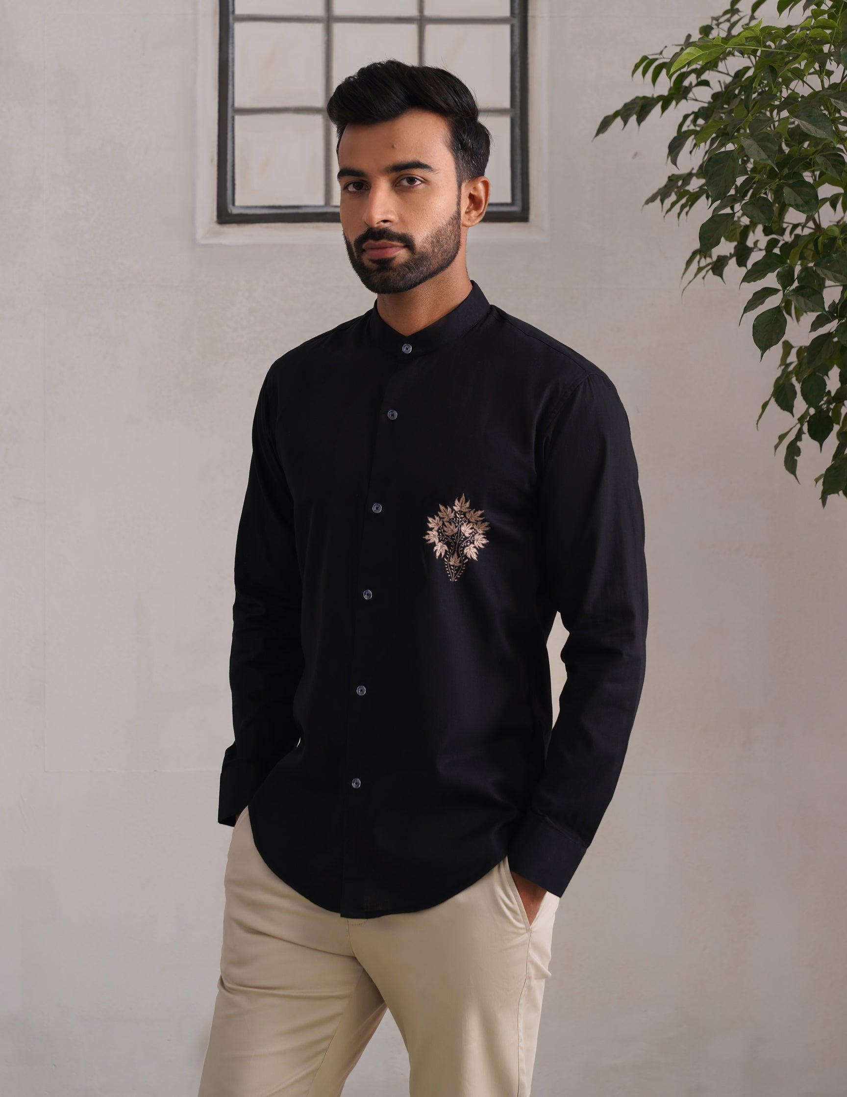 Kashmiri Sozni Chinar Linen Cotton Shirt – Black | Handcrafted Heritage - Kashmir Box
