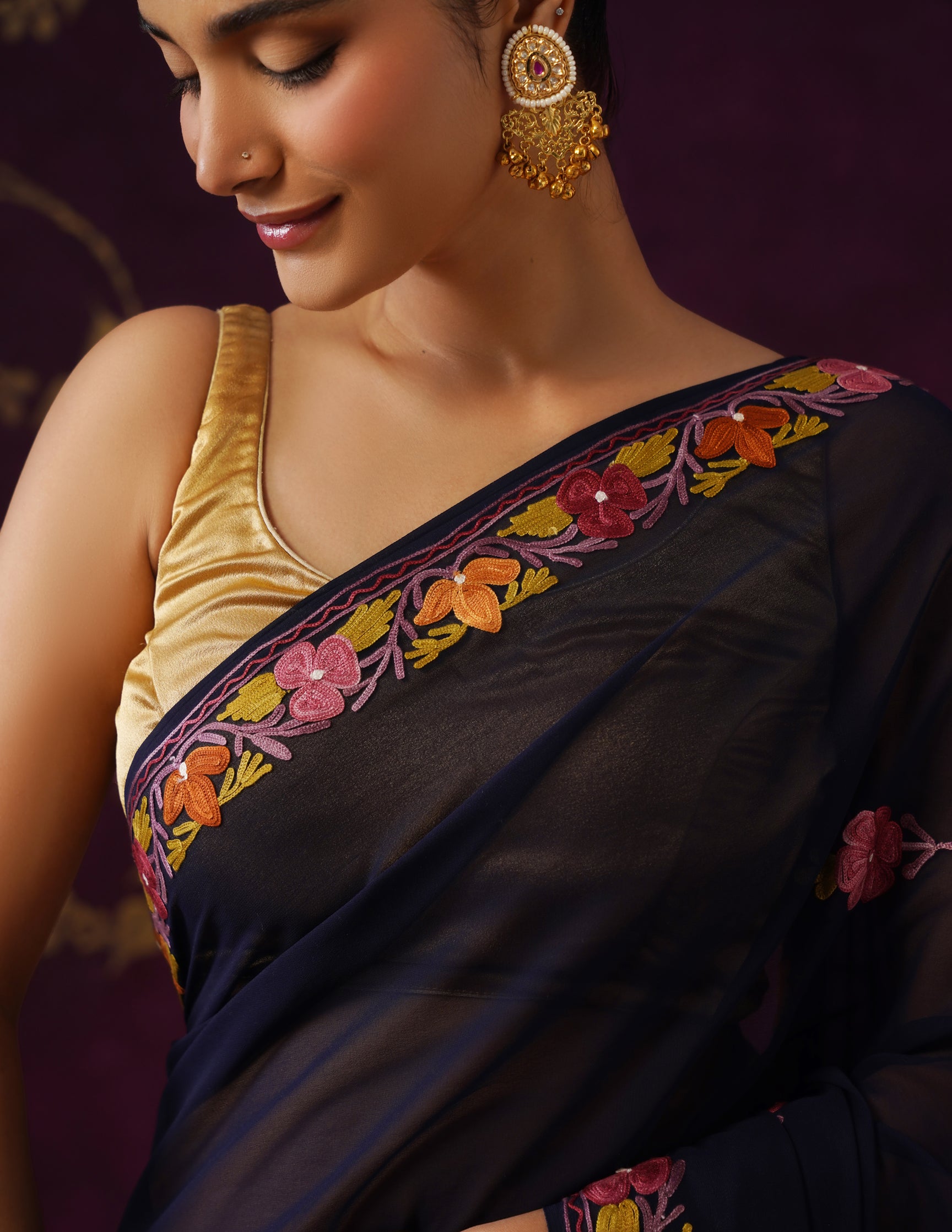Kashmiri Aari Embroidered Georgette Saree – Navy Blue