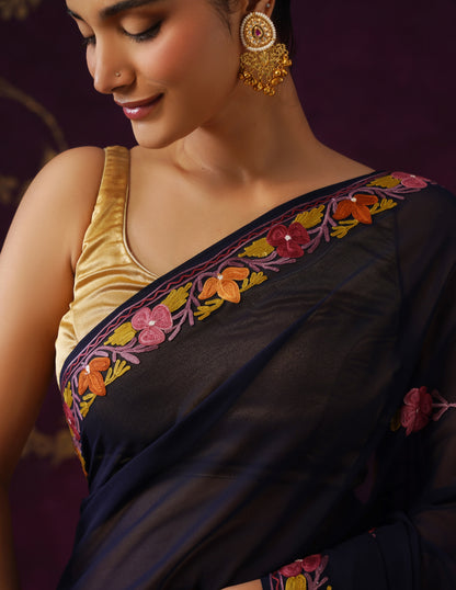 Kashmiri Aari Embroidered Georgette Saree – Navy Blue