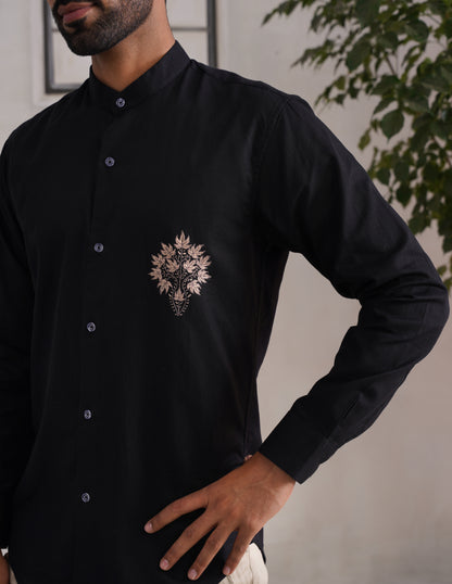 Kashmiri Sozni Chinar Linen Cotton Shirt – Black | Handcrafted Heritage - Kashmir Box