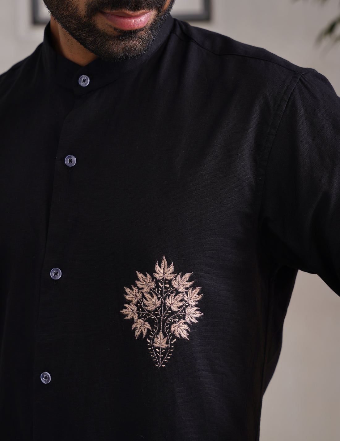 Kashmiri Sozni Chinar Linen Cotton Shirt – Black | Handcrafted Heritage - Kashmir Box