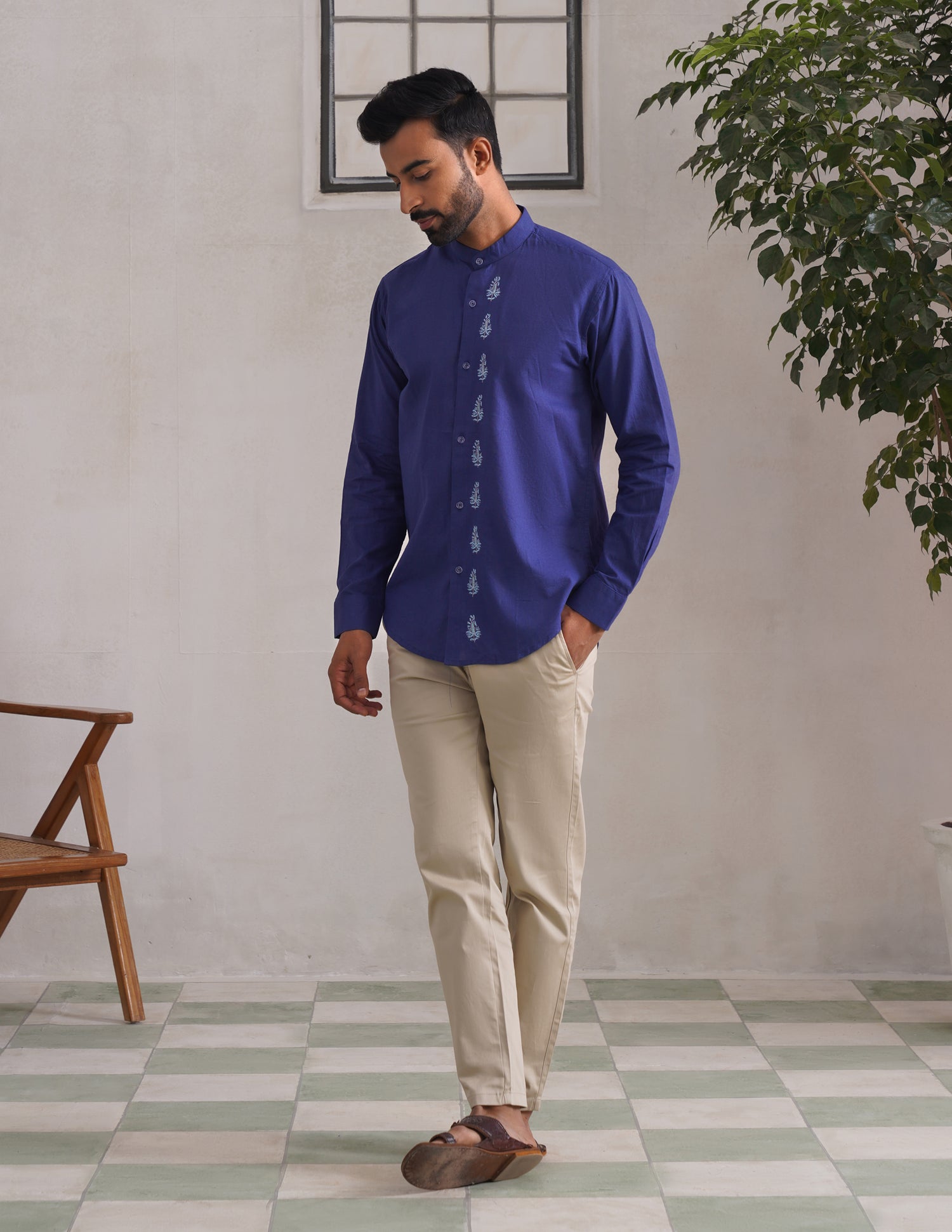Kashmiri Sozni Almond Motif Linen Cotton Shirt – Blue | Handcrafted Heritage - Kashmir Box