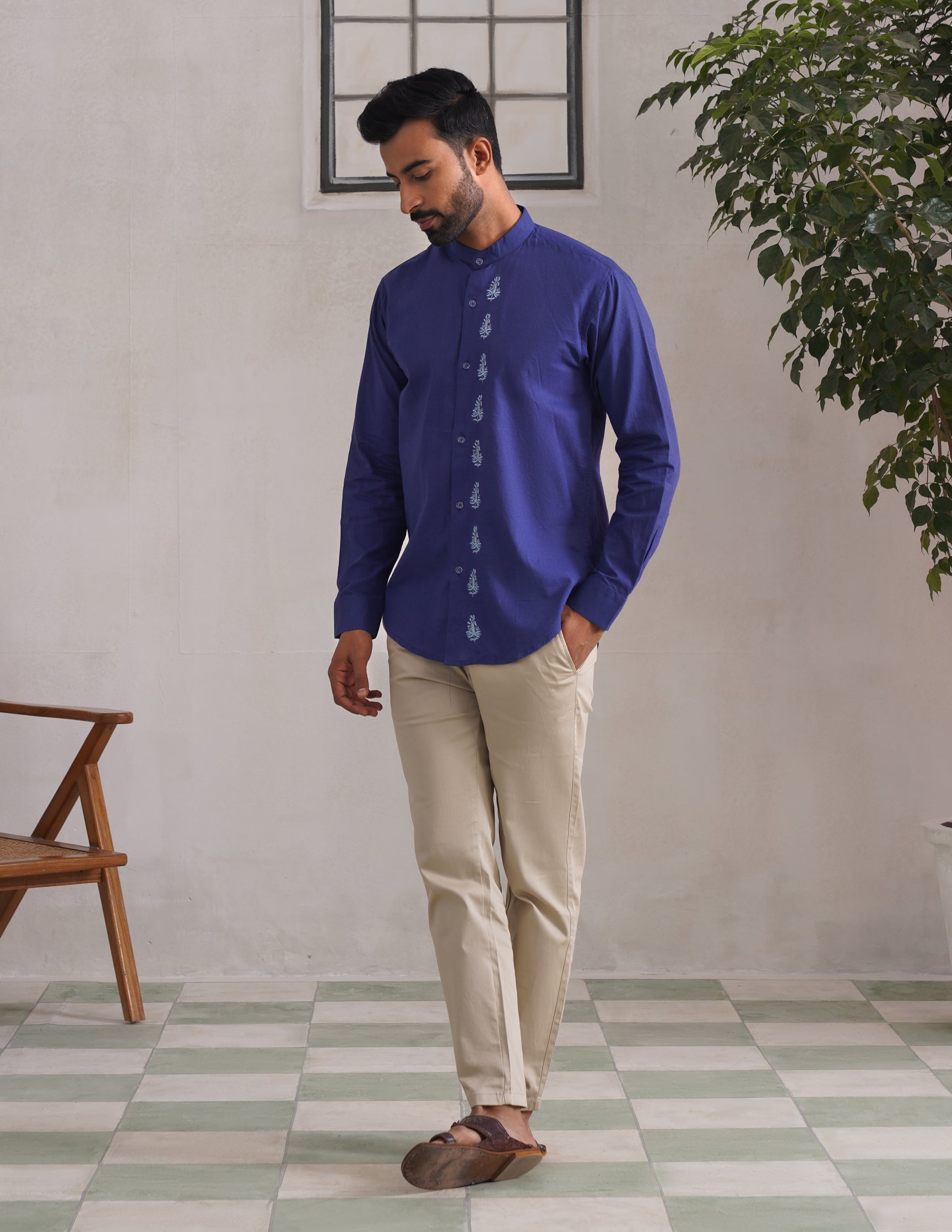 Kashmiri Sozni Almond Motif Linen Cotton Shirt – Blue | Handcrafted Heritage - Kashmir Box