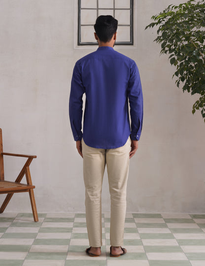 Kashmiri Sozni Almond Motif Linen Cotton Shirt – Blue | Handcrafted Heritage - Kashmir Box