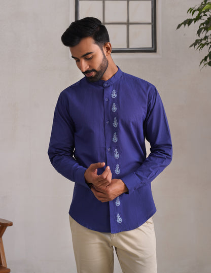 Kashmiri Sozni Almond Motif Linen Cotton Shirt – Blue | Handcrafted Heritage - Kashmir Box