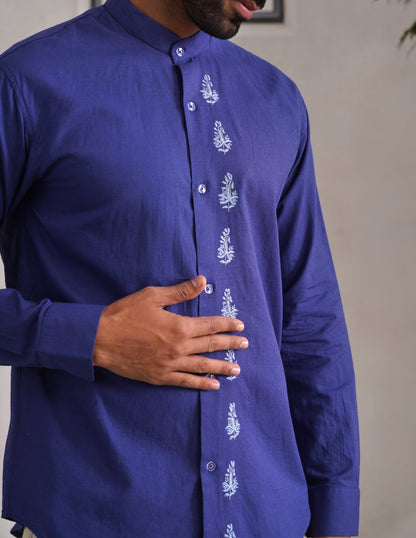 Kashmiri Sozni Almond Motif Linen Cotton Shirt – Blue | Handcrafted Heritage - Kashmir Box