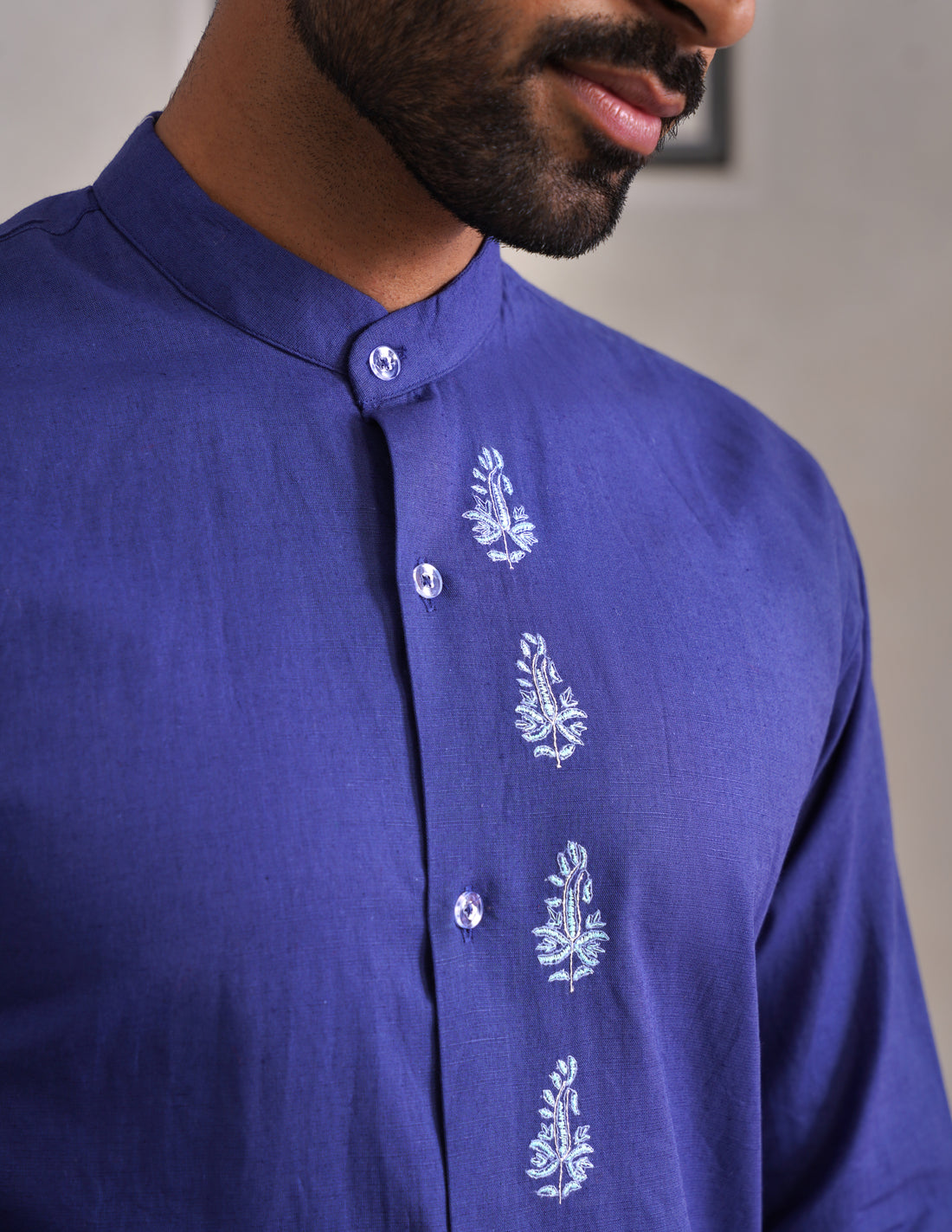 Kashmiri Sozni Almond Motif Linen Cotton Shirt – Blue | Handcrafted Heritage - Kashmir Box