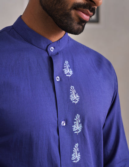 Kashmiri Sozni Almond Motif Linen Cotton Shirt – Blue | Handcrafted Heritage - Kashmir Box