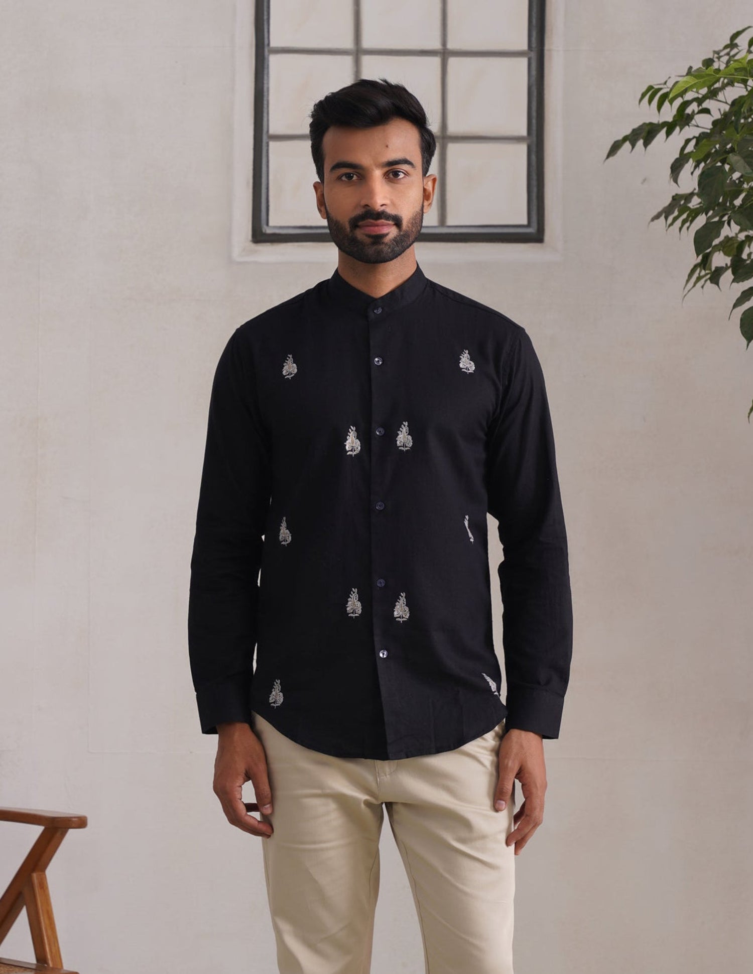 Kashmiri Sozni Almond Motif Linen Cotton Shirt – Black | Handcrafted Heritage - Kashmir Box