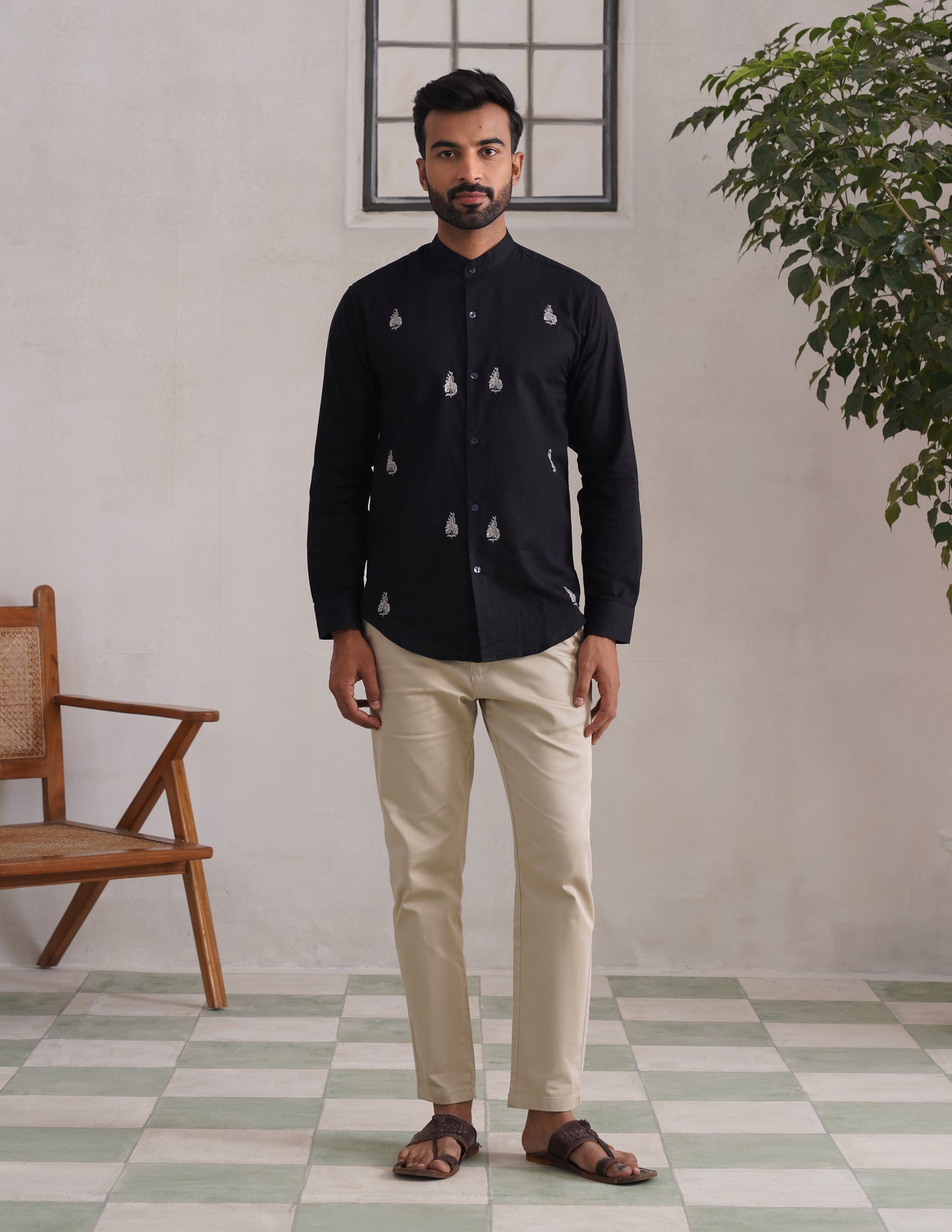 Kashmiri Sozni Almond Motif Linen Cotton Shirt – Black | Handcrafted Heritage - Kashmir Box