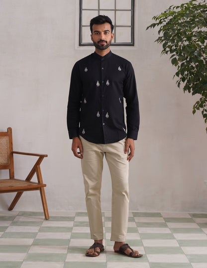 Kashmiri Sozni Almond Motif Linen Cotton Shirt – Black | Handcrafted Heritage - Kashmir Box