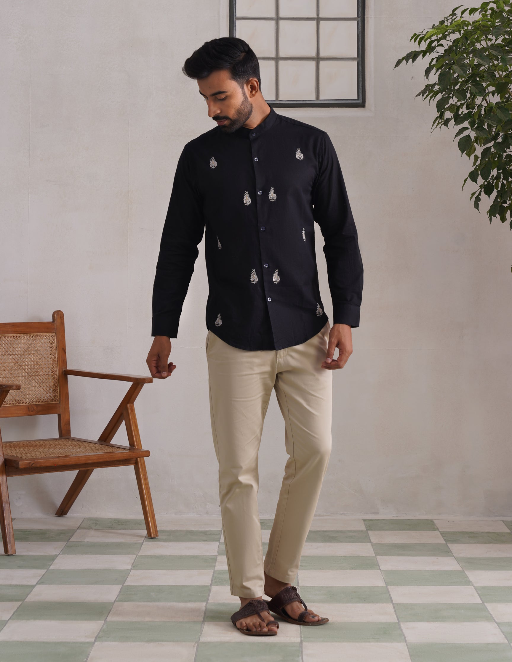 Kashmiri Sozni Almond Motif Linen Cotton Shirt – Black | Handcrafted Heritage - Kashmir Box