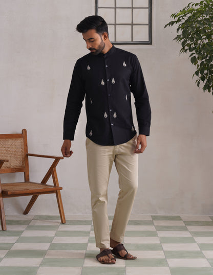 Kashmiri Sozni Almond Motif Linen Cotton Shirt – Black | Handcrafted Heritage - Kashmir Box