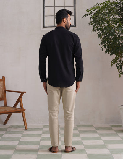 Kashmiri Sozni Almond Motif Linen Cotton Shirt – Black | Handcrafted Heritage - Kashmir Box