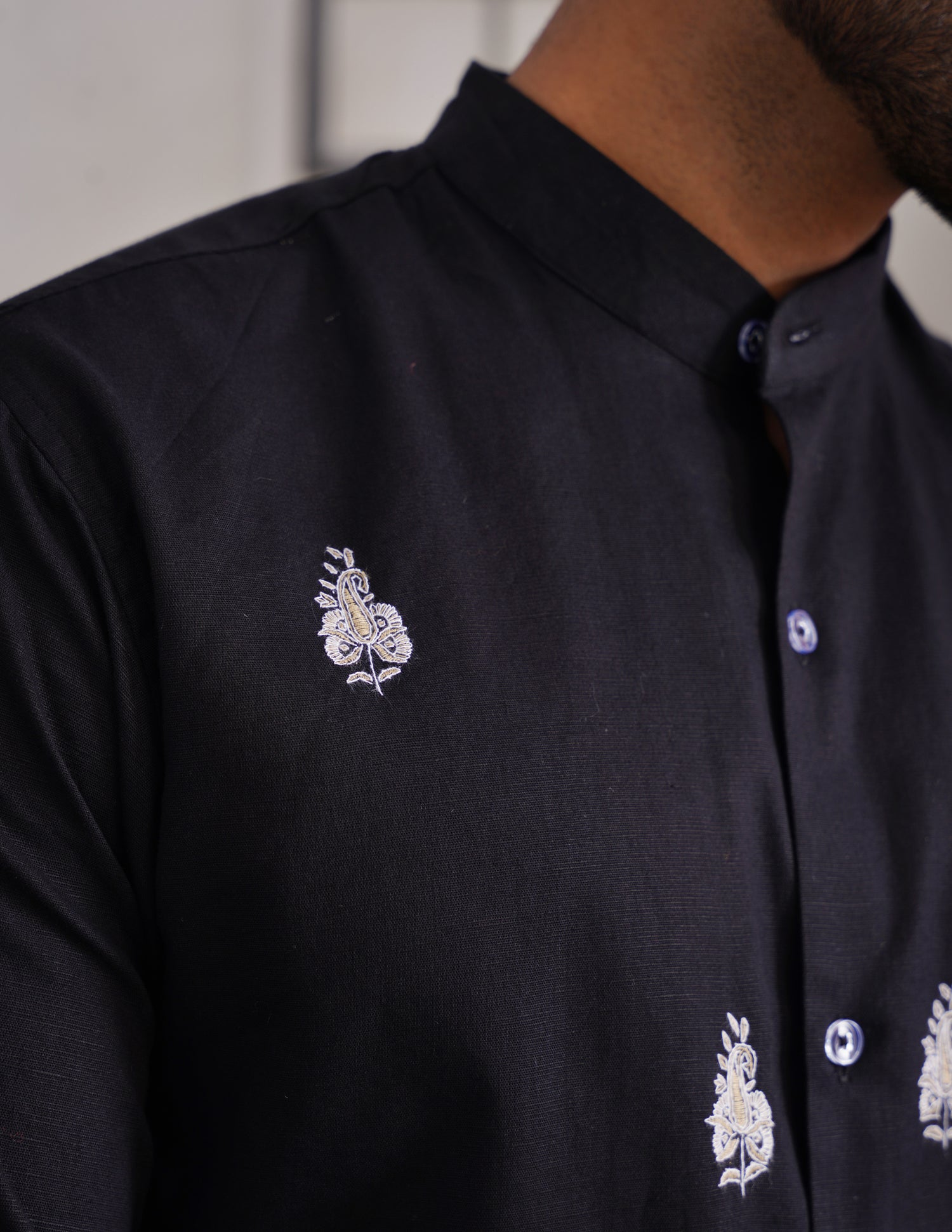 Kashmiri Sozni Almond Motif Linen Cotton Shirt – Black | Handcrafted Heritage - Kashmir Box