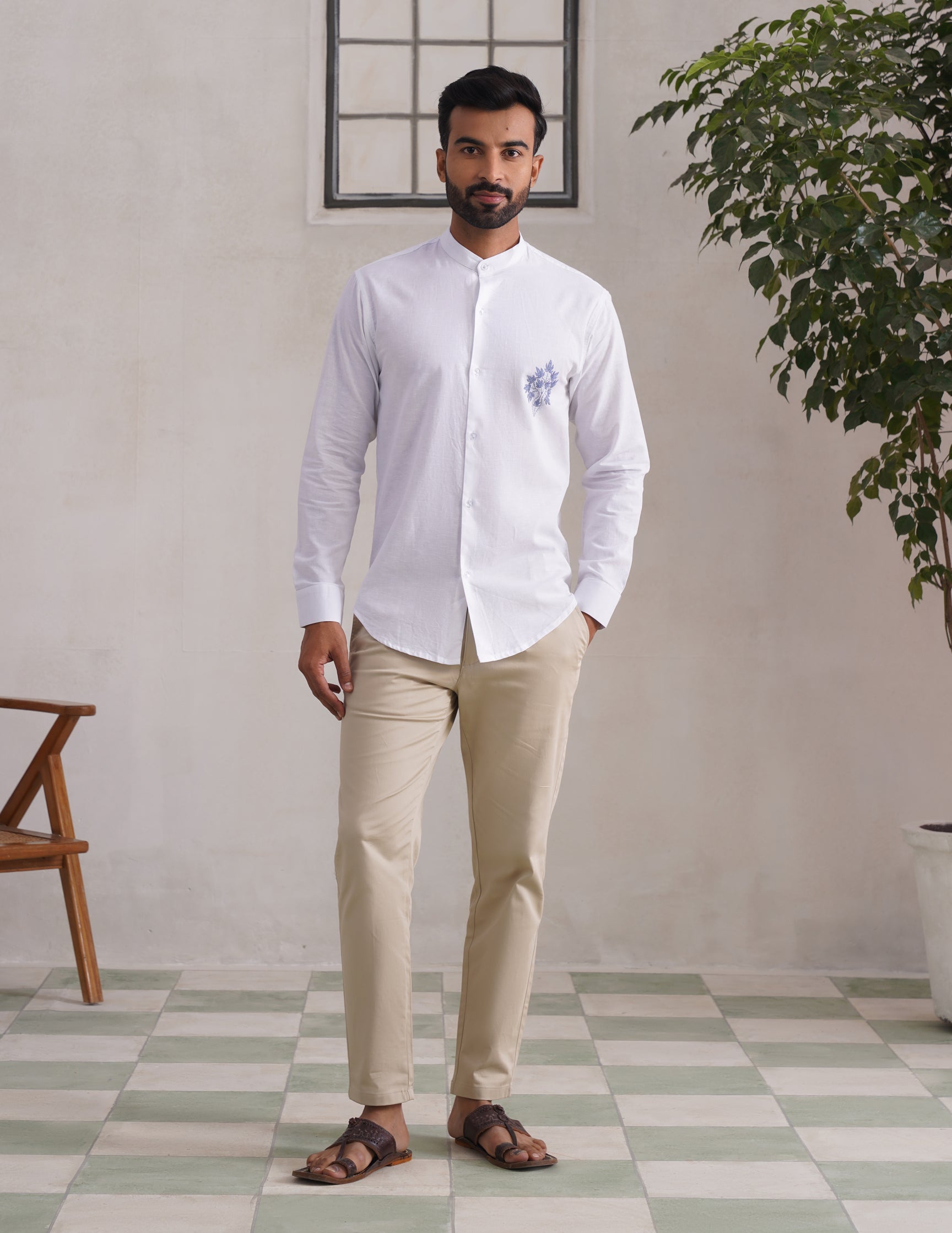 Kashmiri Sozni Chinar Linen Cotton Shirt – White | Handcrafted Heritage - Kashmir Box