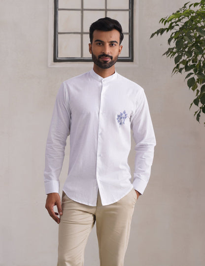 Kashmiri Sozni Chinar Linen Cotton Shirt – White | Handcrafted Heritage - Kashmir Box