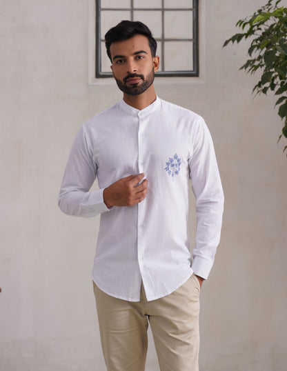 Kashmiri Sozni Chinar Linen Cotton Shirt – White | Handcrafted Heritage - Kashmir Box