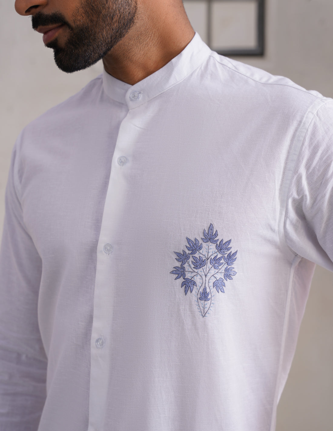 Kashmiri Sozni Chinar Linen Cotton Shirt – White | Handcrafted Heritage - Kashmir Box