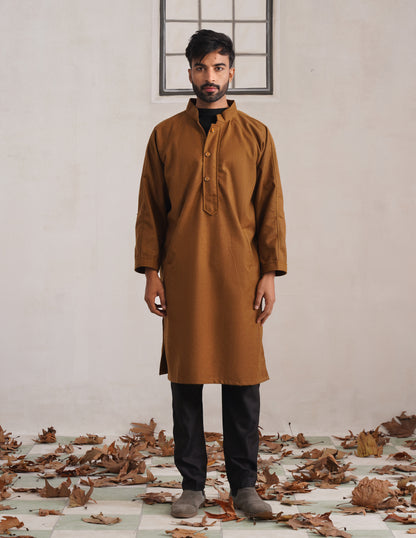 Brown Chinese Collar Long Coat-Style Men’s Phiran – Kashmiri Tweed Winter Pheran | HAIDER