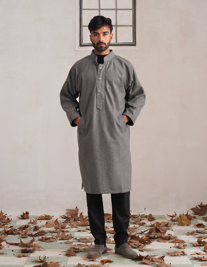 Grey Chinese Collar Long Coat-Style Men’s Phiran – Kashmiri Tweed Winter Pheran | HAIDER