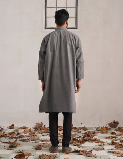 Grey Chinese Collar Long Coat-Style Men’s Phiran – Kashmiri Tweed Winter Pheran | HAIDER