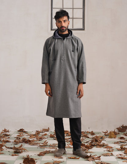 Grey Hooded Long Coat-Style Men’s Phiran – Kashmiri Tweed Winter Pheran | HAIDER