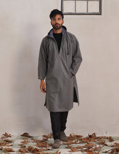 Grey Hooded Long Coat-Style Men’s Phiran – Kashmiri Tweed Winter Pheran | HAIDER