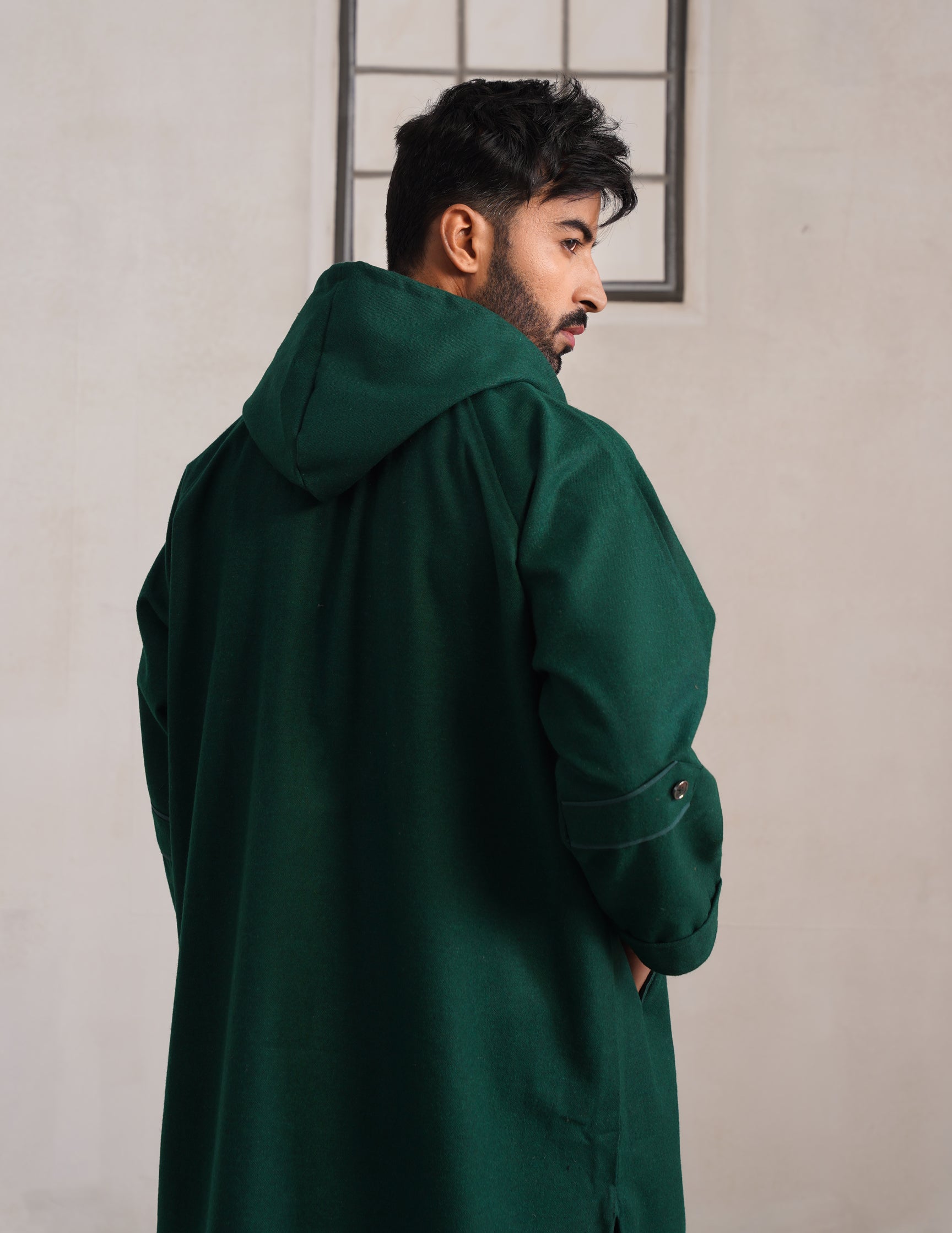 Green Hooded Long Coat-Style Men’s Phiran – Kashmiri Tweed Winter Pheran | HAIDER