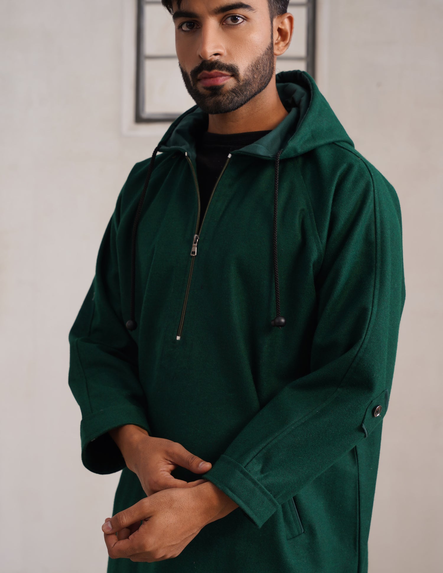 Green Hooded Long Coat-Style Men’s Phiran – Kashmiri Tweed Winter Pheran | HAIDER