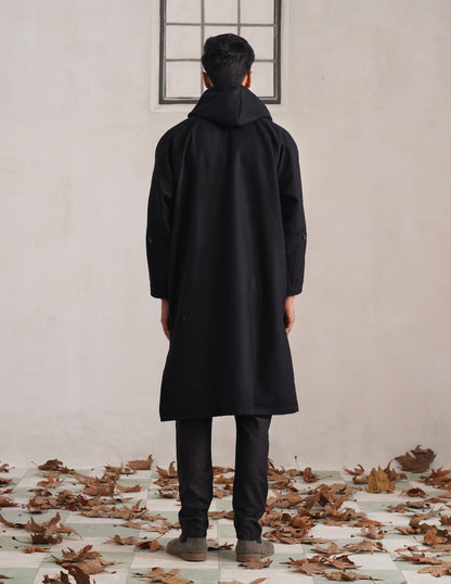 Black Hooded Long Coat-Style Men’s Phiran – Kashmiri Tweed Winter Pheran | HAIDER