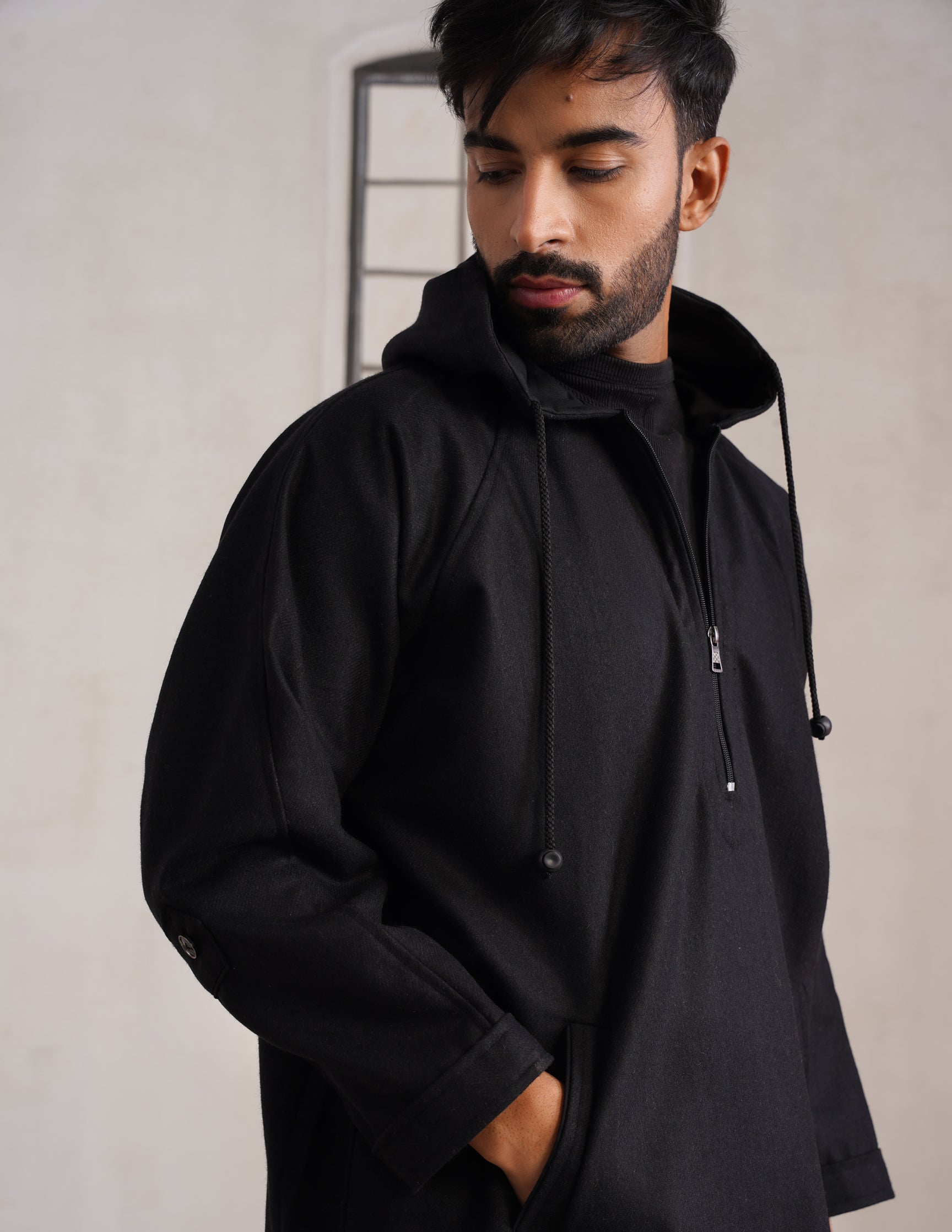 Black Hooded Long Coat-Style Men’s Phiran – Kashmiri Tweed Winter Pheran | HAIDER
