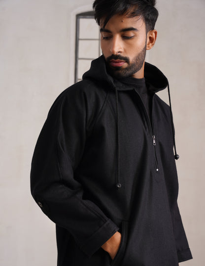 Black Hooded Long Coat-Style Men’s Phiran – Kashmiri Tweed Winter Pheran | HAIDER