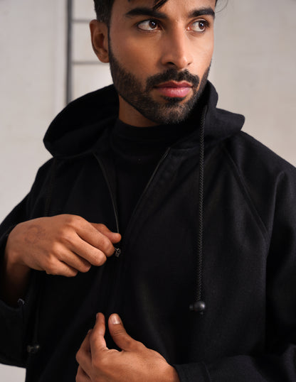 Black Hooded Long Coat-Style Men’s Phiran – Kashmiri Tweed Winter Pheran | HAIDER