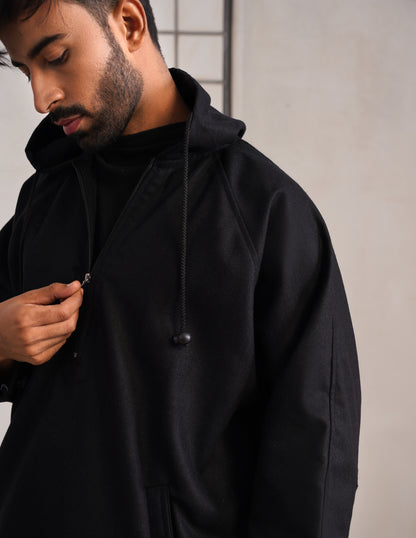 Black Hooded Long Coat-Style Men’s Phiran – Kashmiri Tweed Winter Pheran | HAIDER