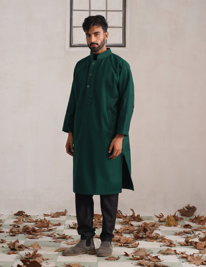 Green Chinese Collar Long Coat-Style Men’s Phiran – Kashmiri Tweed Winter Pheran | HAIDER