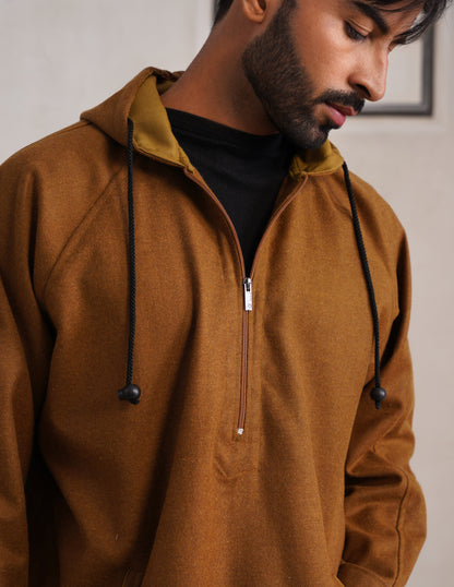 Brown Hooded Long Coat-Style Men’s Phiran – Kashmiri Tweed Winter Pheran | HAIDER