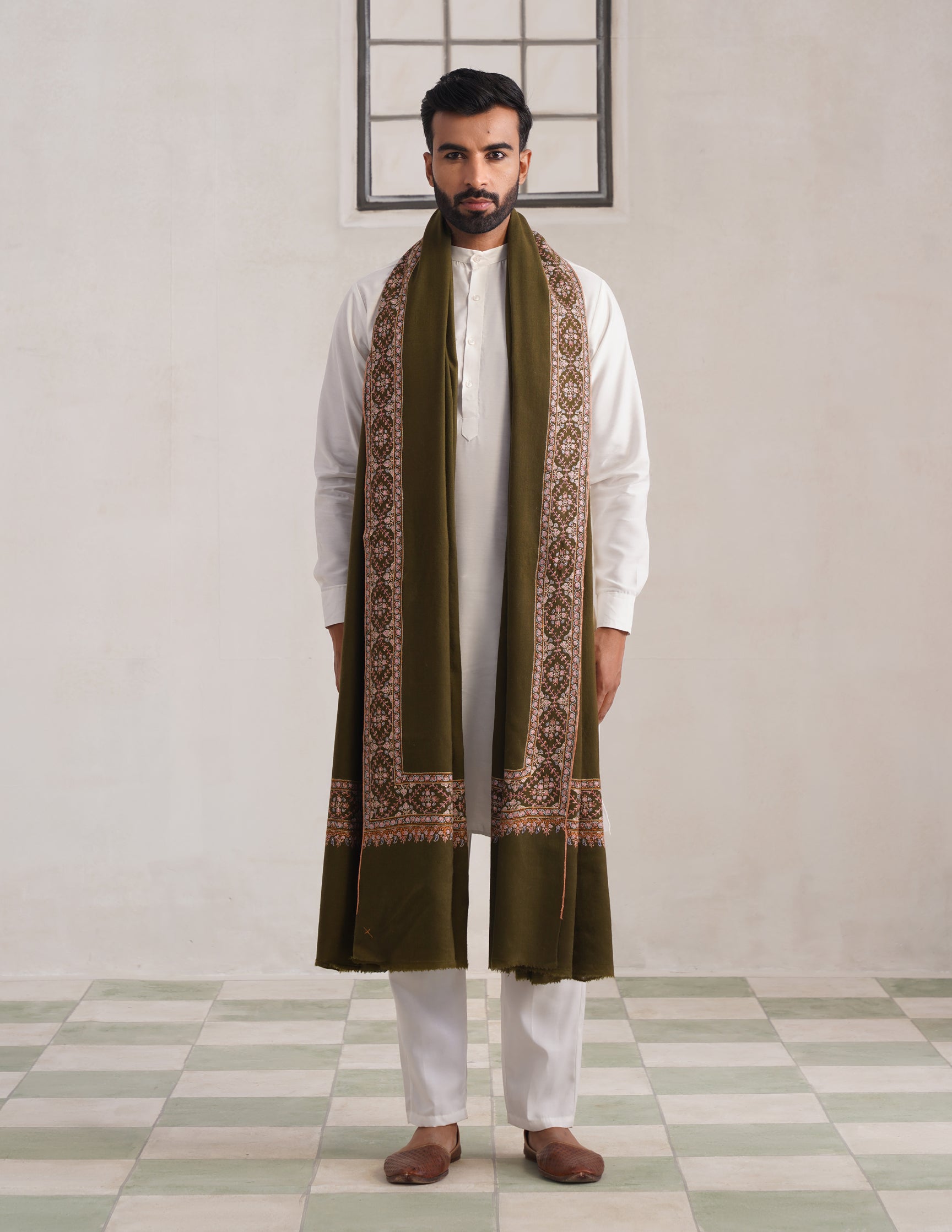 Olive Green Dordaar Pashmina Shawl – Multicolour Sozni Embroidery