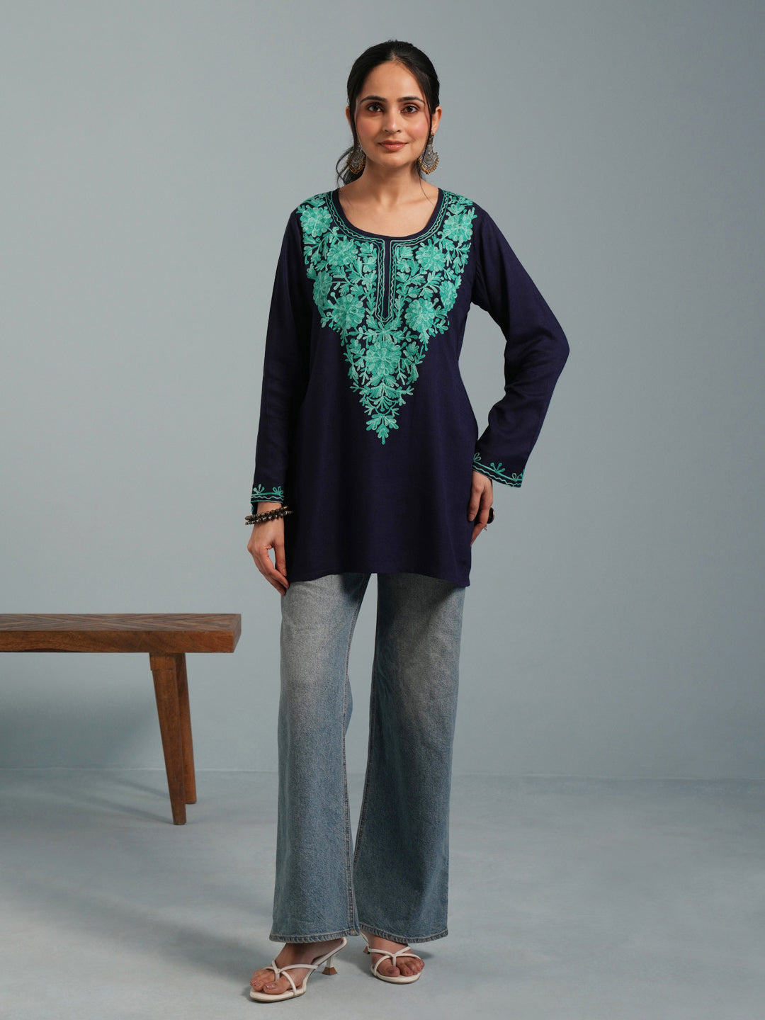 Navy Blue Kashmiri Aari Embroidered Rayon Kurta