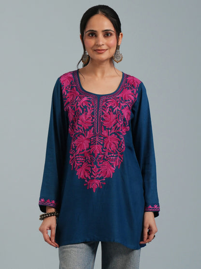 Blue Kashmiri Aari Embroidered Rayon Kurta