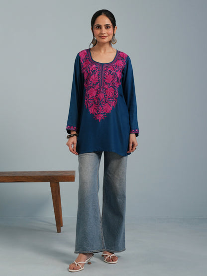 Blue Kashmiri Aari Embroidered Rayon Kurta