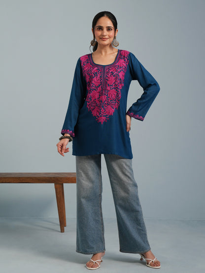 Blue Kashmiri Aari Embroidered Rayon Kurta